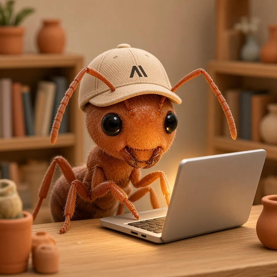 The $ANT mascot typing on a tiny laptop at a wooden desk