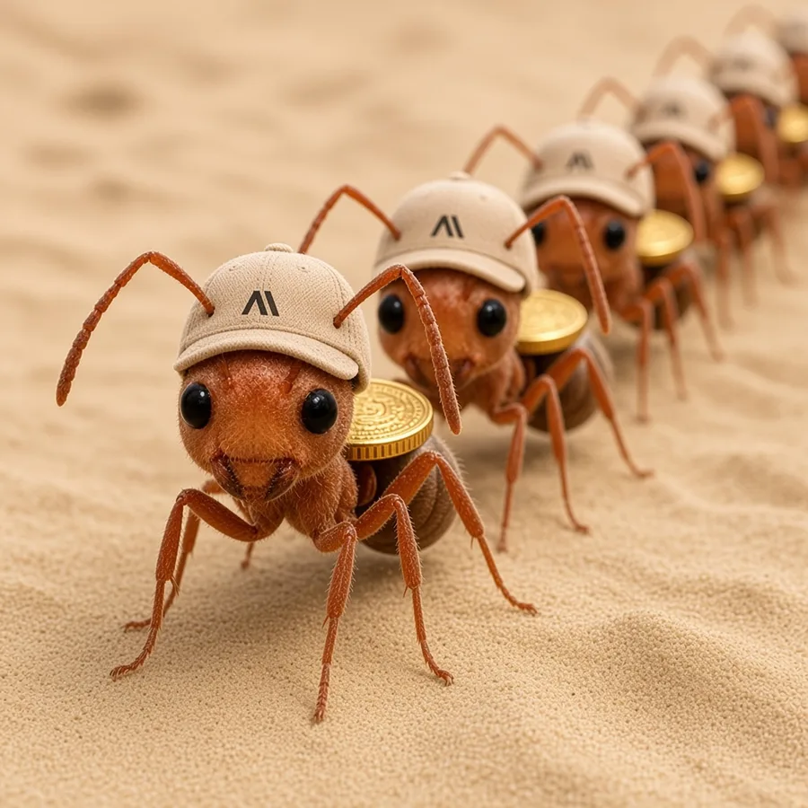A line of cap-wearing ants marching across sand carrying gold coins