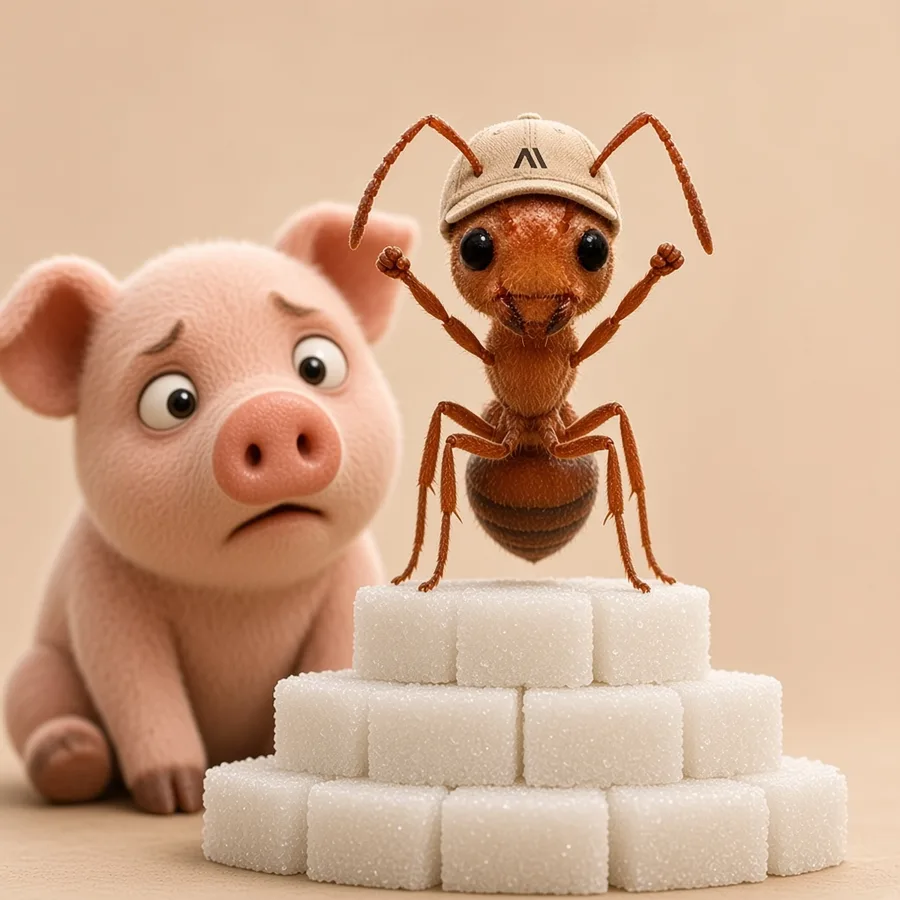 The $ANT mascot on a podium of sugar cubes while a worried plush piglet watches