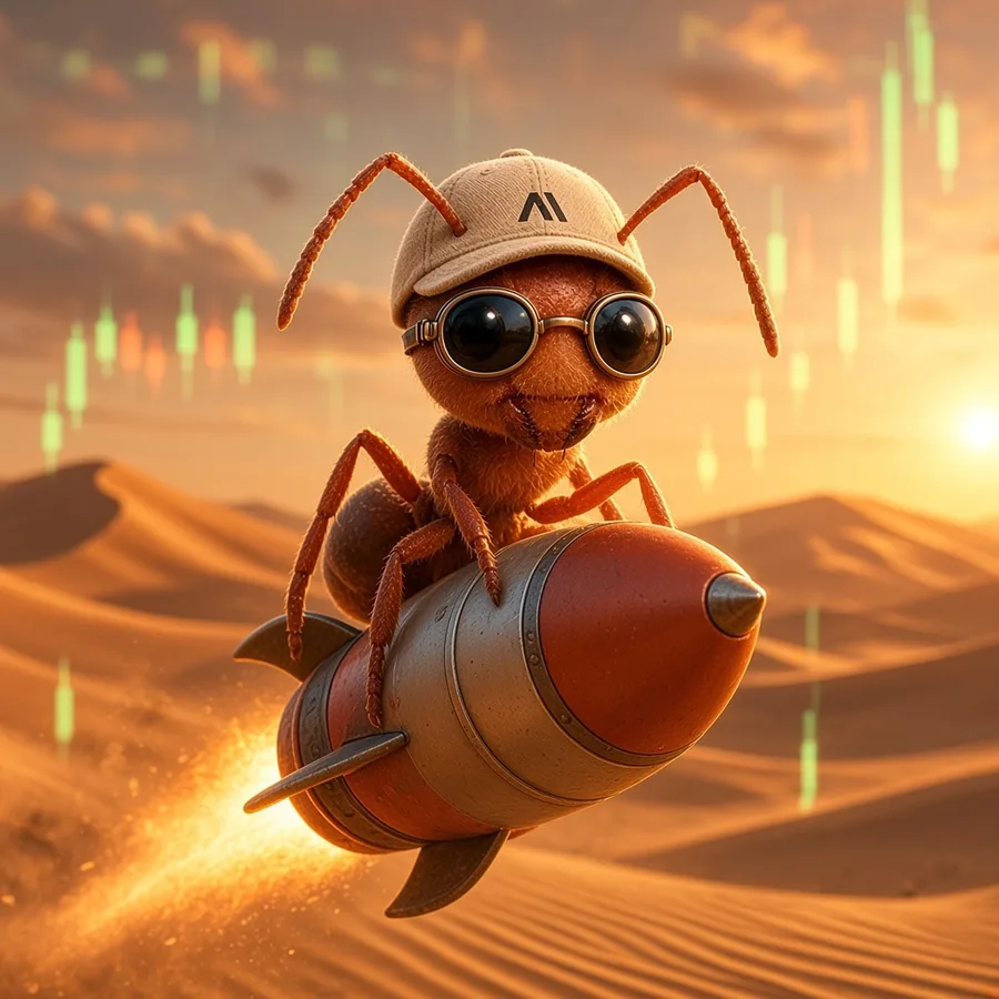 The $ANT mascot in goggles riding a terracotta rocket over desert dunes