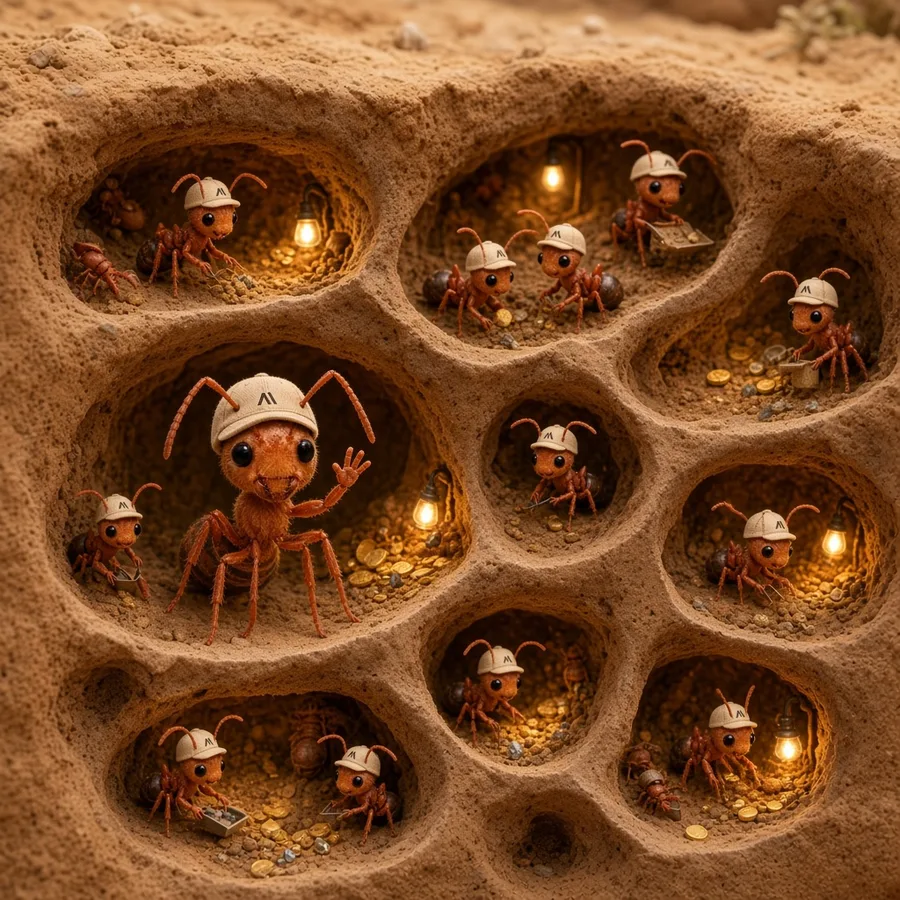 A cutaway underground ant colony full of cap-wearing ants and gold coins