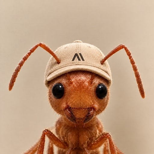 The $ANT mascot: a cute red-brown ant with big black eyes and long antennae, wearing a beige baseball cap